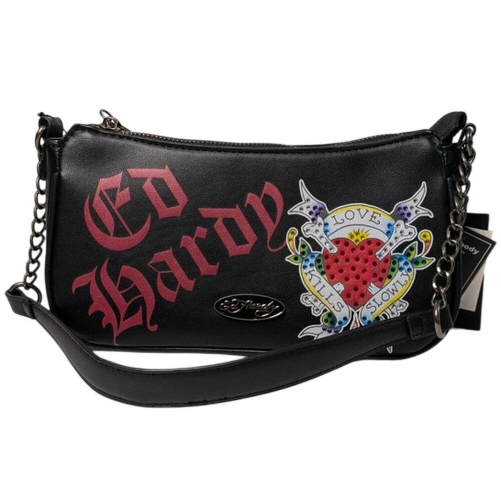 NWT Ed Hardy Black Crossbody Shoulder Bag Love Tattoo Heart Graphic Y2K
